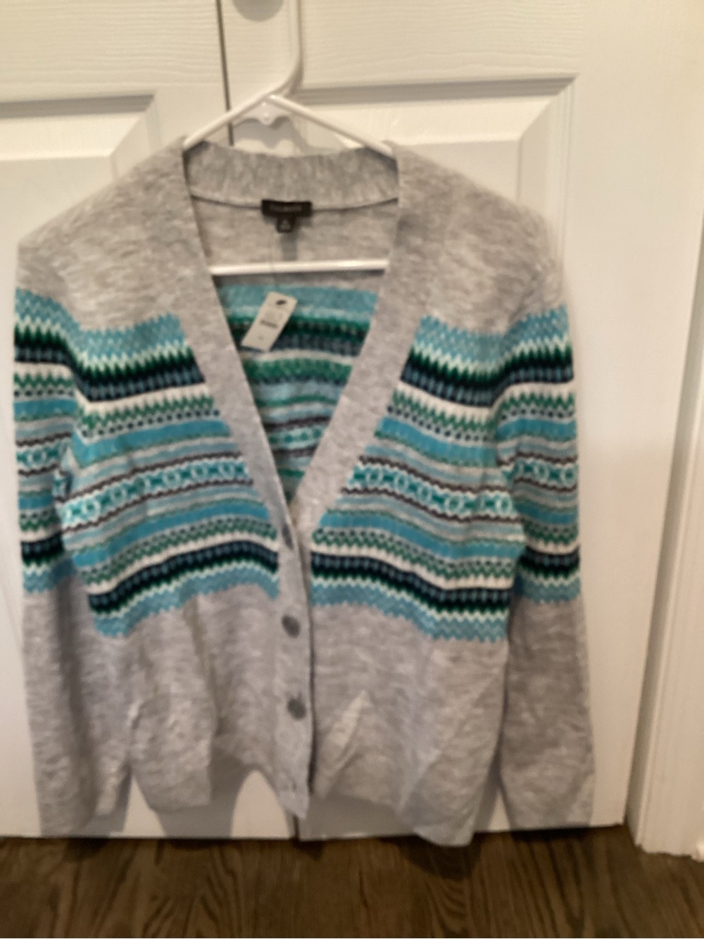 Talbots Light Gray Cardigan with Teal and Navy Fair Isle Stripes